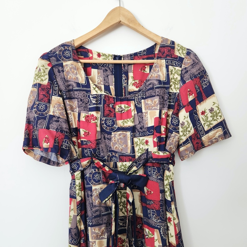 Vtg Patchwork Midi Dress Handmade Belted Blue Red Large 80s Does 50s Modest - Picture 8 of 16